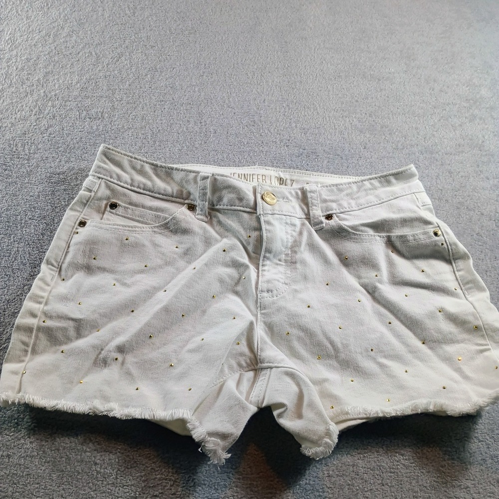 Jennifer Lopez Women Denim Shorts White 2 Gold Studded Raw‎ Hem Vintage